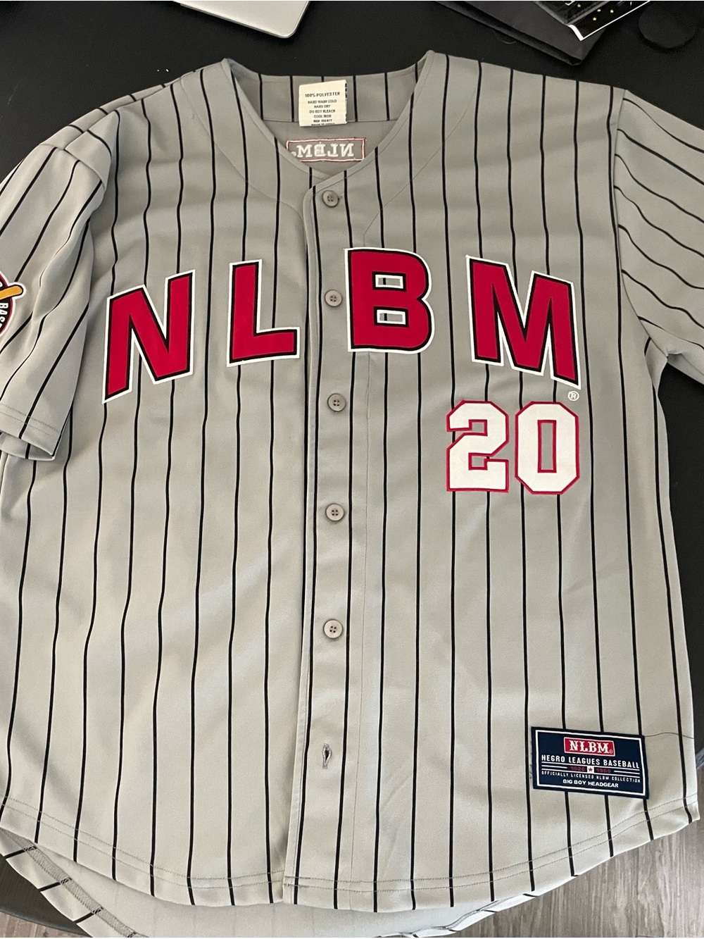 NLBM Pinstripe Baseball Jersey in Gray with Red Trim